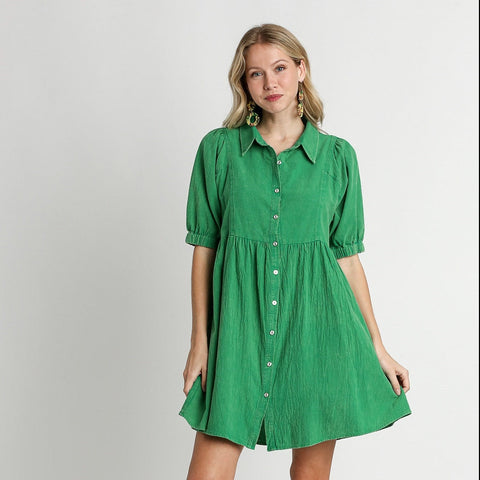 Collared Button Down Dress - Green