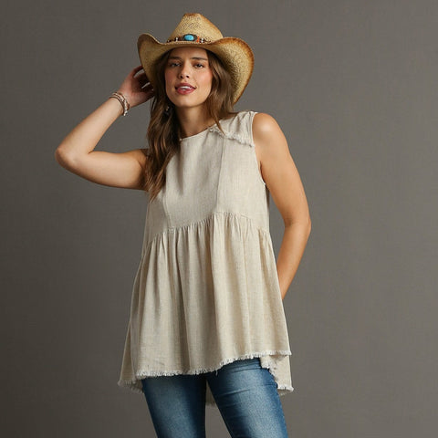 Linen Patched & Frayed Top - Oatmeal