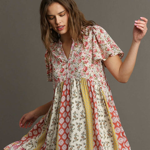 Mixed Print Flutter Dress - Blush