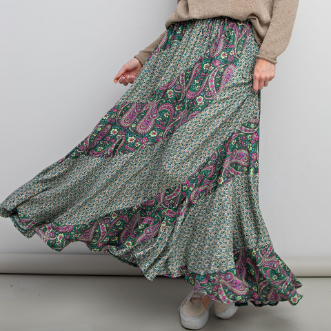 Paisley Printed Challis Skirt - Green
