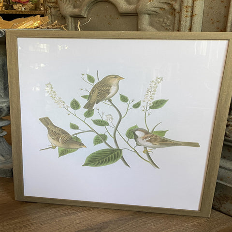 3 Birds with White Flowers Wood Frame