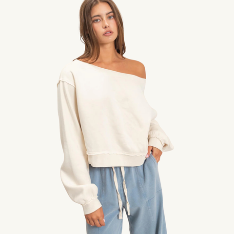 Raw Edge Off The Shoulder Sweatshirt - Alpaca