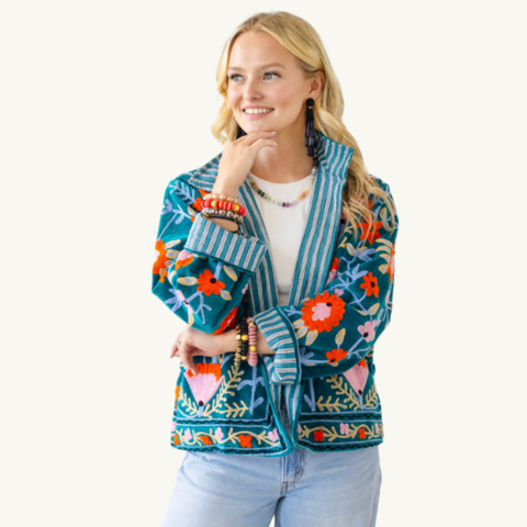 Giana Floral Suzhani Jacket - Teal