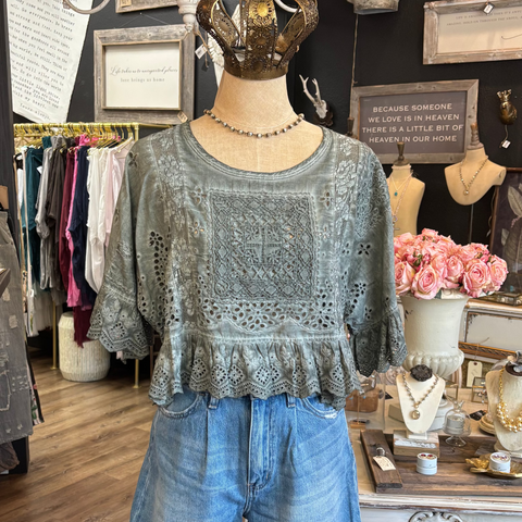 Softly Worn Eyelet Top - Charcoal