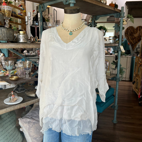 Silk V-Neck Ruffle Top