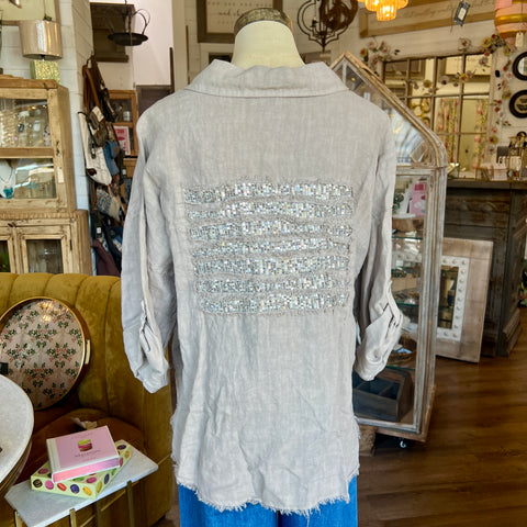 Linen Sequin Top - Taupe