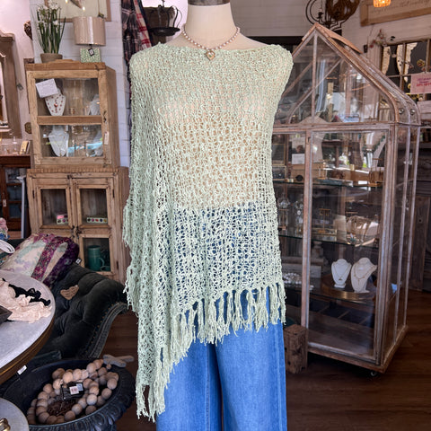 Knit Cotton Poncho w/Fringe