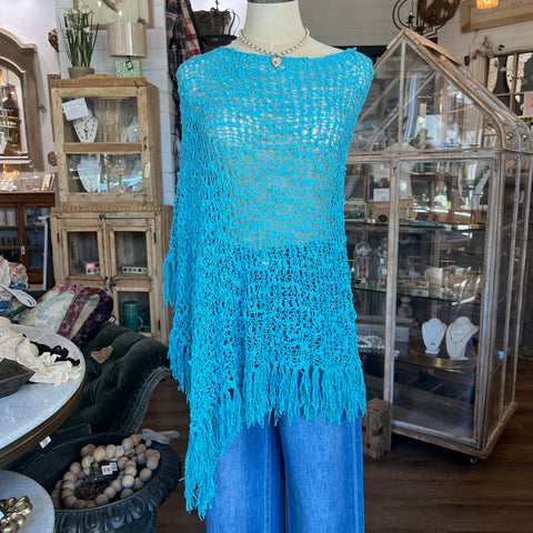 Knit Cotton Poncho w/Fringe