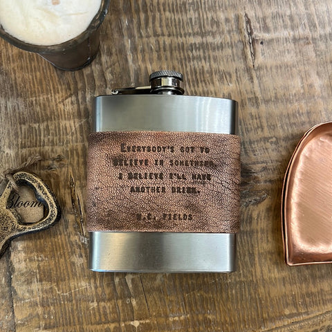 Metal Flask with Leather Wrap With Quote By W.C. Fields