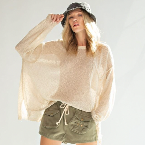 Long Sleeve Knitted Boxy Pullover - Oatmeal