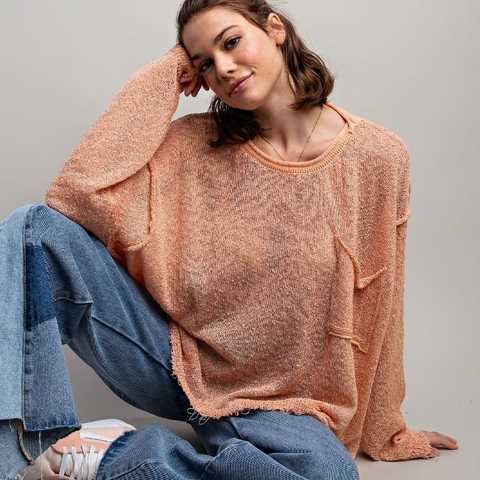 Long Sleeve Knitted Boxy Pullover - Coral