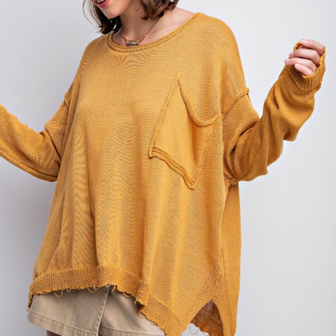 Long Sleeve Knitted Pullover - Mustard