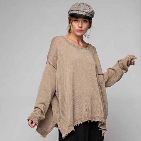 Long Sleeve Knitted Pullover - Olive Grey