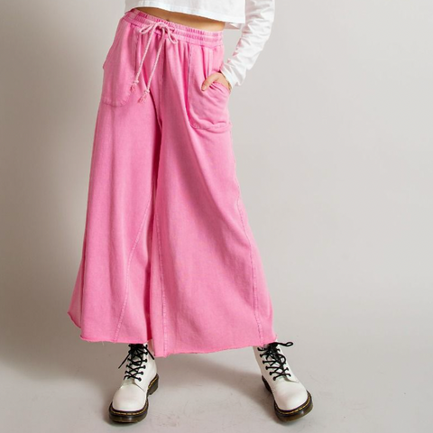Washed Terry Knit Wide Pant - Barbie Pink