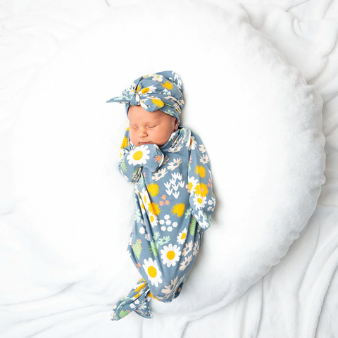 Blue Daisy Newborn Gown and Hat Set