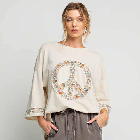 Floral Peace Sign Pullover - Beige