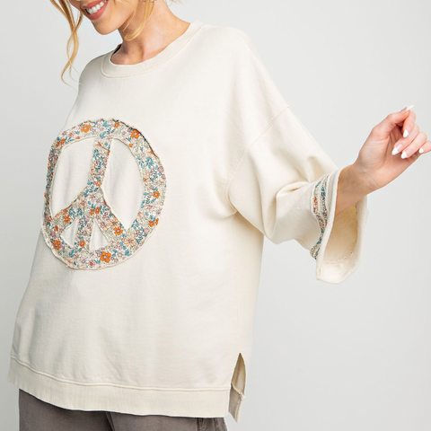 Floral Peace Sign Pullover - Beige