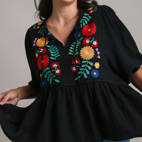 Floral Embroidery Babydoll Top - Black