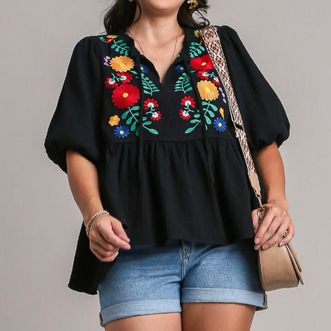 Floral Embroidery Babydoll Top - Black