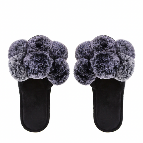 Luxe Pom-Pom Black Slippers