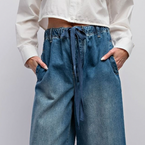 Washed Denim Wide Leg Pants