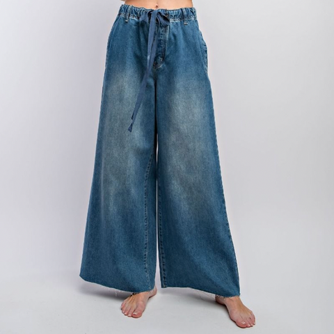 Washed Denim Wide Leg Pants