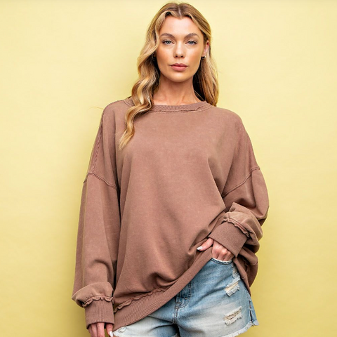Washed Terry Knit Pullover - Mocha