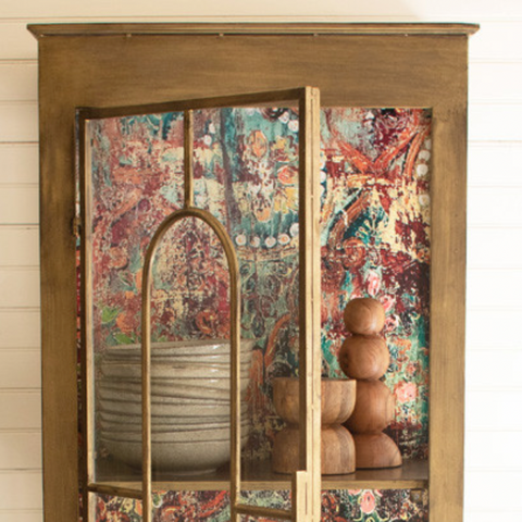 Gold Metal and Glass Cabinet with Colorful Back