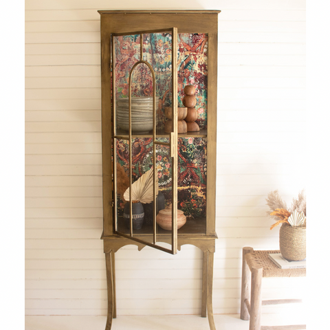 Gold Metal and Glass Cabinet with Colorful Back