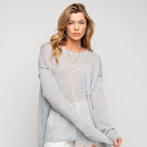 Long Sleeve Knitted Boxy Pullover - Blue