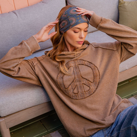 Peace Sign Pullover Hoodie - Mocha