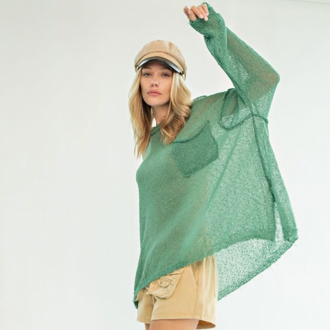 Long Sleeve Knitted Boxy Pullover - Hunter Green