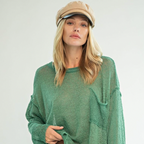 Long Sleeve Knitted Boxy Pullover - Hunter Green