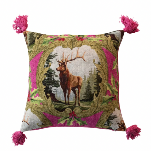 Deer, Holly & Tassels 20" Pillow