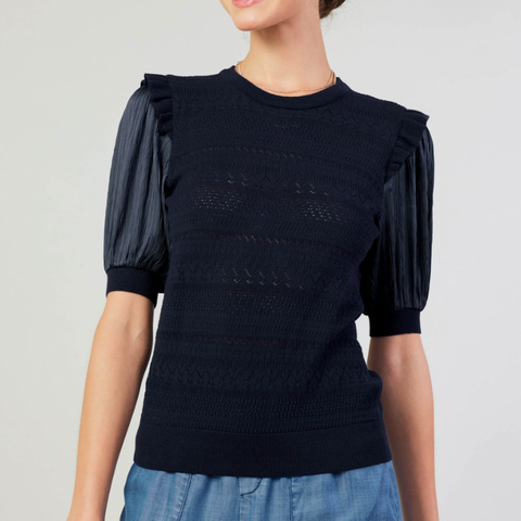 Half Sleeve Contrast Top - Navy