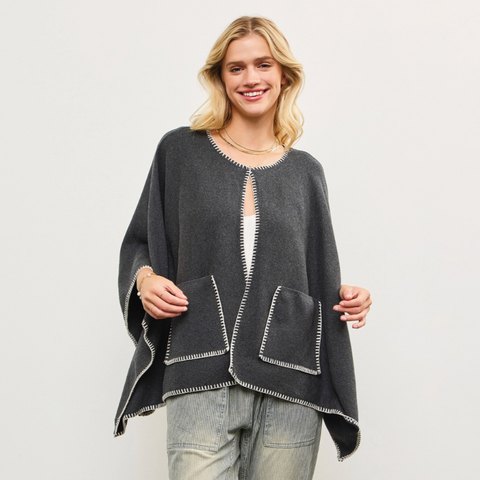 Charcoal Button Closure Poncho