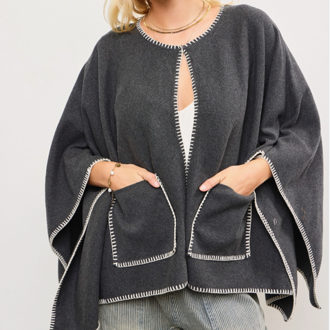 Charcoal Button Closure Poncho