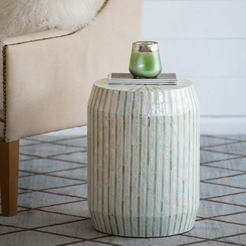 Cream/Green Accent Stool with Stripes