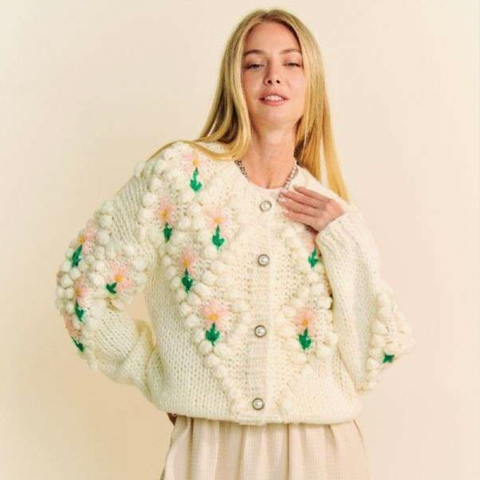 Chunky Knit Floral Cardigan - Cream