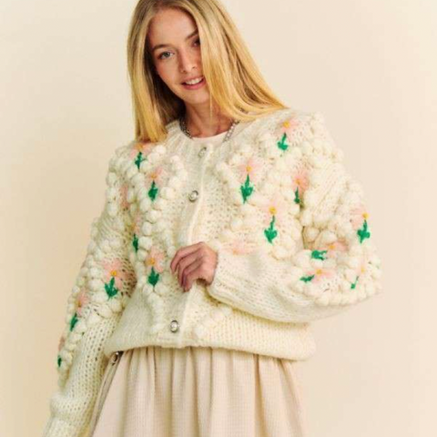 Chunky Knit Floral Cardigan - Cream