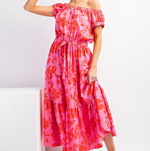 Floral Challis Dress - Red/Pink