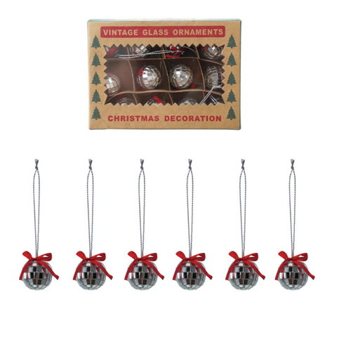 Set of 12 mirror ball ornaments in a vintage inspired kraft paper box