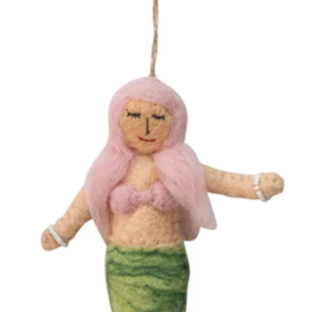 Mermaid ornament with pink hair and green tail on a white background