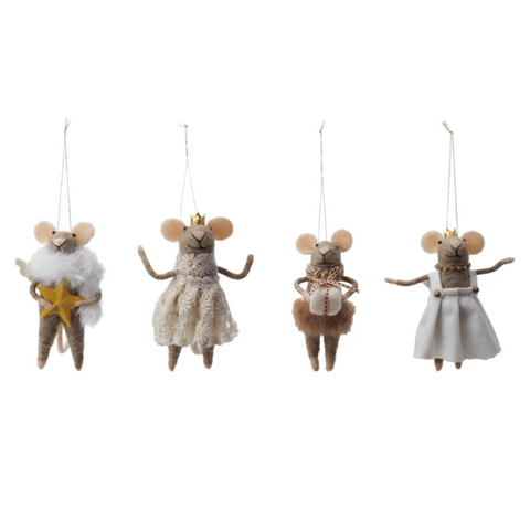 Four decorative mouse ornaments on a white background