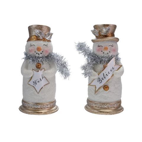 Two decorative snowmen with top hats and tinsel, holding signs with 'Wish' and 'Believe'.