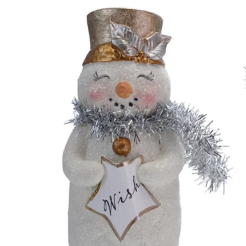 Two decorative snowmen with 'Wish' and 'Believe' signs on a white background