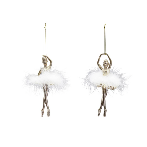 Two decorative ballerina figurines with white feathers on a white background