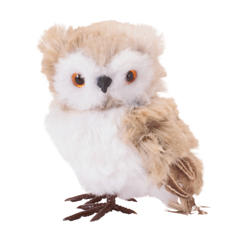 Plush owl toy with brown and white feathers on a white background