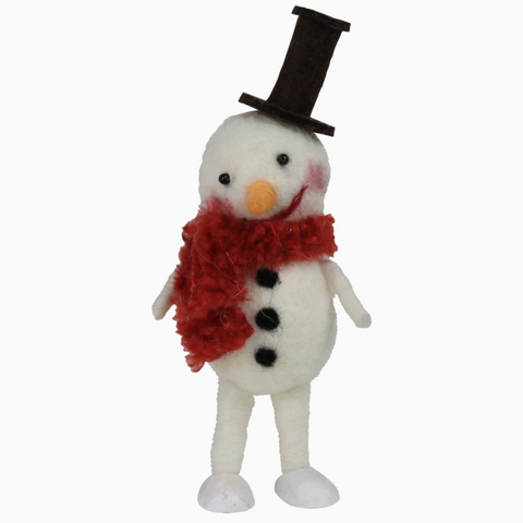 Plush snowman toy with a red scarf, black top hat, and carrot nose on a white background