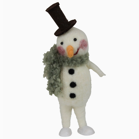 Plush snowman toy with a top hat, scarf, and carrot nose on a white background